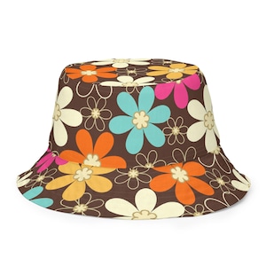 Sombrero de pescador reversible con flores modernas y modernas, estilo hippie retro de los años 60 de MCM