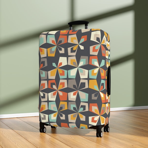Mid Century Modern Geometric Diamond Luggage Cover, Scandinavian Flower Suitcase Protector, Retro Travel Accessory