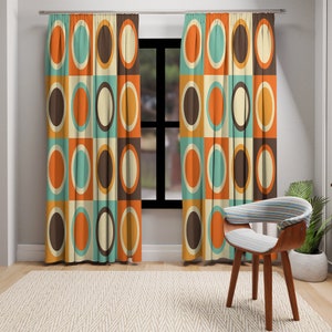 70s Retro Mid Mod Bold Geometric Circles Window Curtains, Mid Century Modern, Retro Aqua Blue, Burnt Orange, Mustard Yellow Curtain Panels
