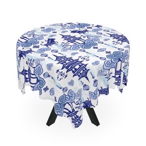 Chinoiserie Tablecloth, Chinese Pagoda and Bulls Tablecloth, Floral Tablecloth, Asian style Table Linens, 55&quot; Square Table Cover, Home Decor