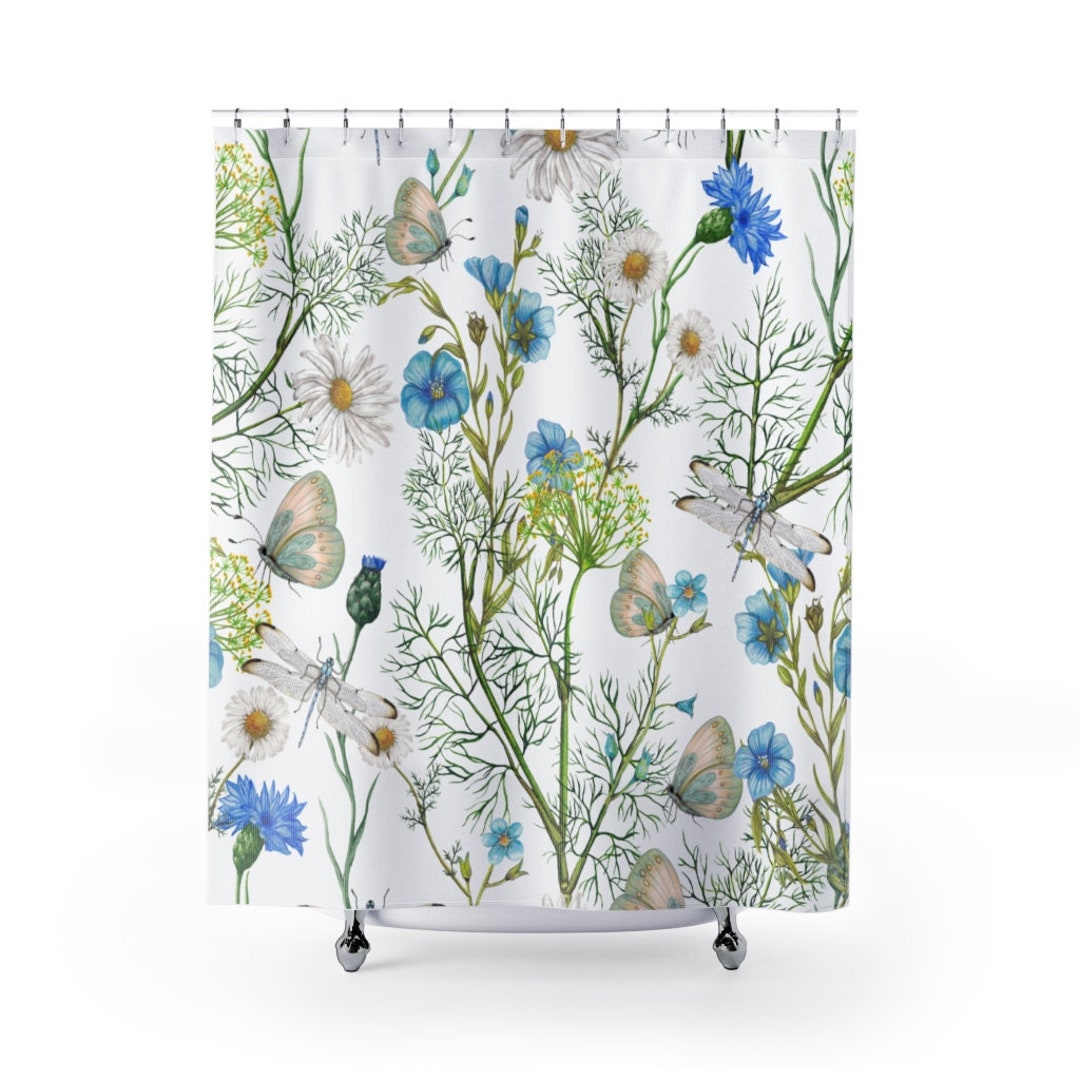 Bohemian Vintage Floral Shower Curtain, Long Botanical Bath Curtain