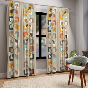 Rideau de fenêtre géométrique moderne rétro des années 60 et 70, motifs abstraits floraux vintage marron orange, bleu sarcelle MCM panneaux de rideau de chambre à coucher