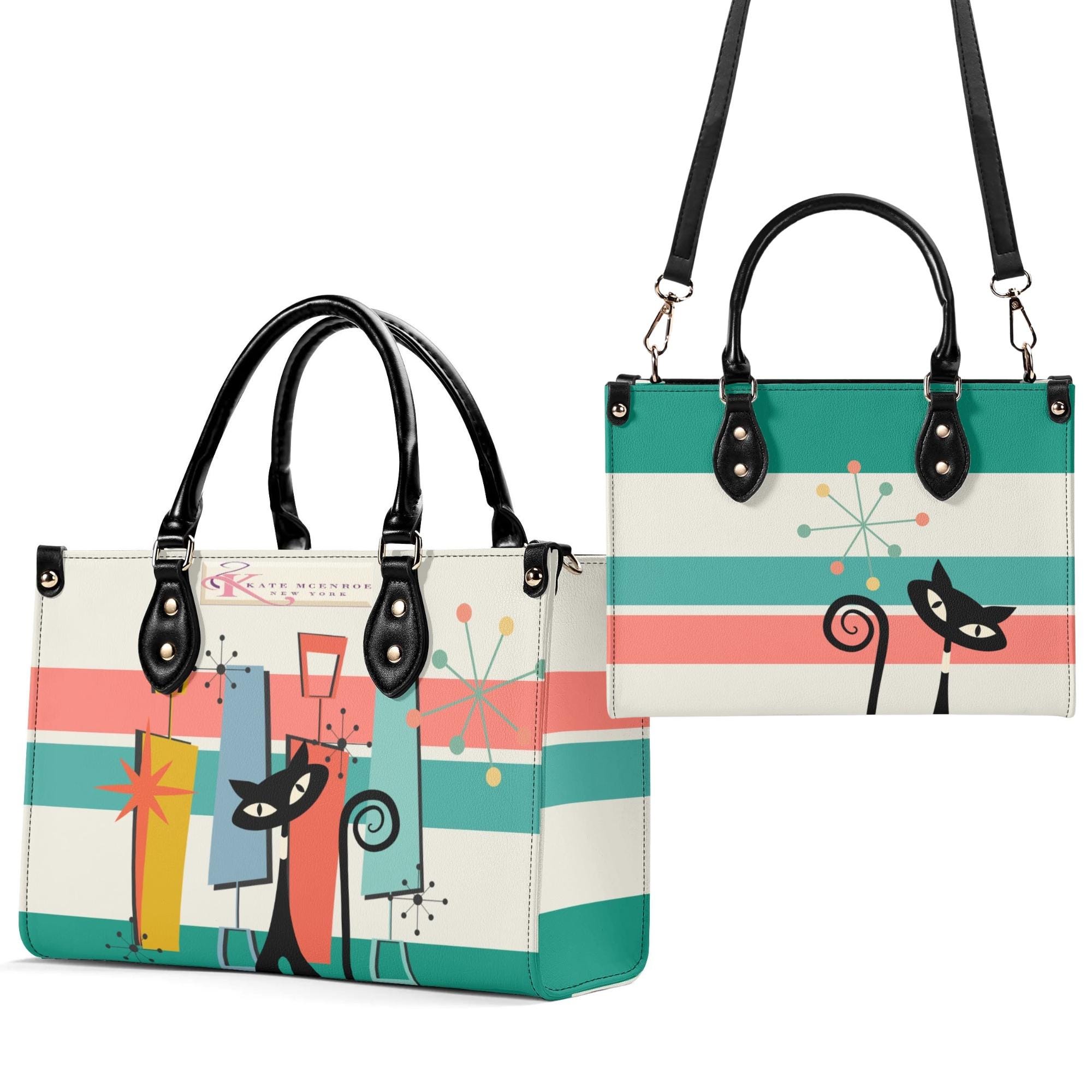 Atomic Cat Mid Century Modern Teal Coral Cream Striped Satchel