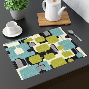 Mid Century Modern Geometric Abstract Placemat, Retro Teal, Lime Green, Gray, Black MCM Table Linen