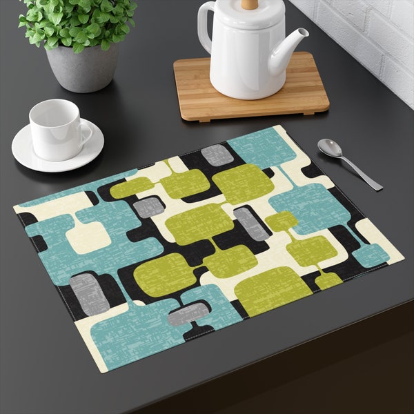 Mid Century Modern Geometric Abstract Placemat, Retro Teal, Lime Green, Gray, Black MCM Table Linen