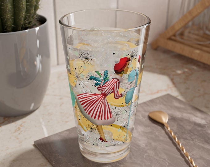 Retro 1950s Vintage Kitsch Christmas Card Art Pint Glass, Mid Century Modern Atomic Starburst Cocktail Shaker, MCM Holiday Party Barware