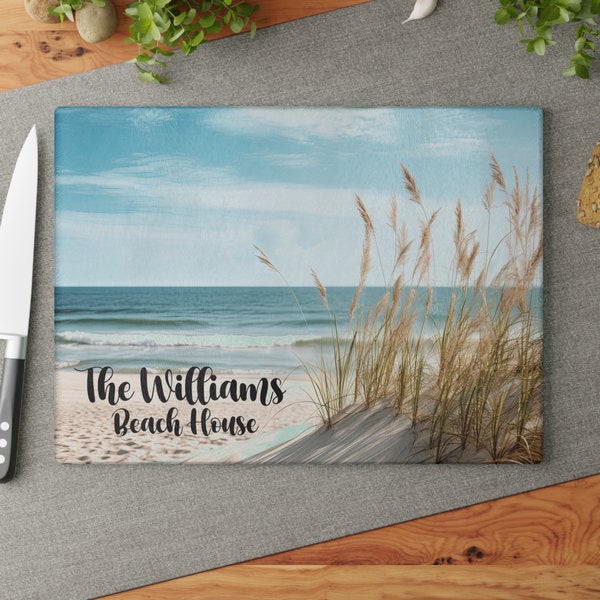 Personalized Glass Cutting Board, Beach Shore with Dunes and Sea Oats, Custom Name and Phrase Chopping Board, Beach House Gift