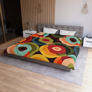 Retro Groovy Geometric Circle Orbs Duvet Cover, 70s Mid Century Modern Psychedelic Abstract Queen, King, Twin, Twin XL Bedding - 132582823