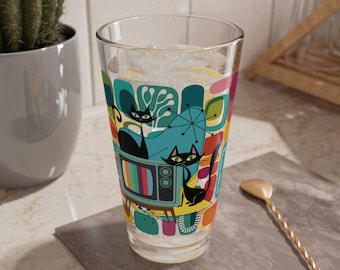 Atomic Cat Retro TV Barware, Mid Century Modern 1950s Amoeba Cocktail Glass,  MCM Pint Glass, Geometric Abstract Drinkware