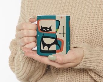 Retro Atomic Black Cat Mug, 11oz Teal Blue, Cream, Burnt Orange Mid Century Modern Coffee Mugs, MCM Drinkware