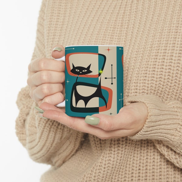 Retro Atomic Black Cat Mug, 11oz Teal Blue, Cream, Burnt Orange Mid Century Modern Coffee Mugs, MCM Drinkware