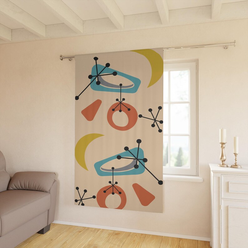 Retro 1950s Mid Century Modern Window Curtains, Beige, Aqua Blue, Burnt ...