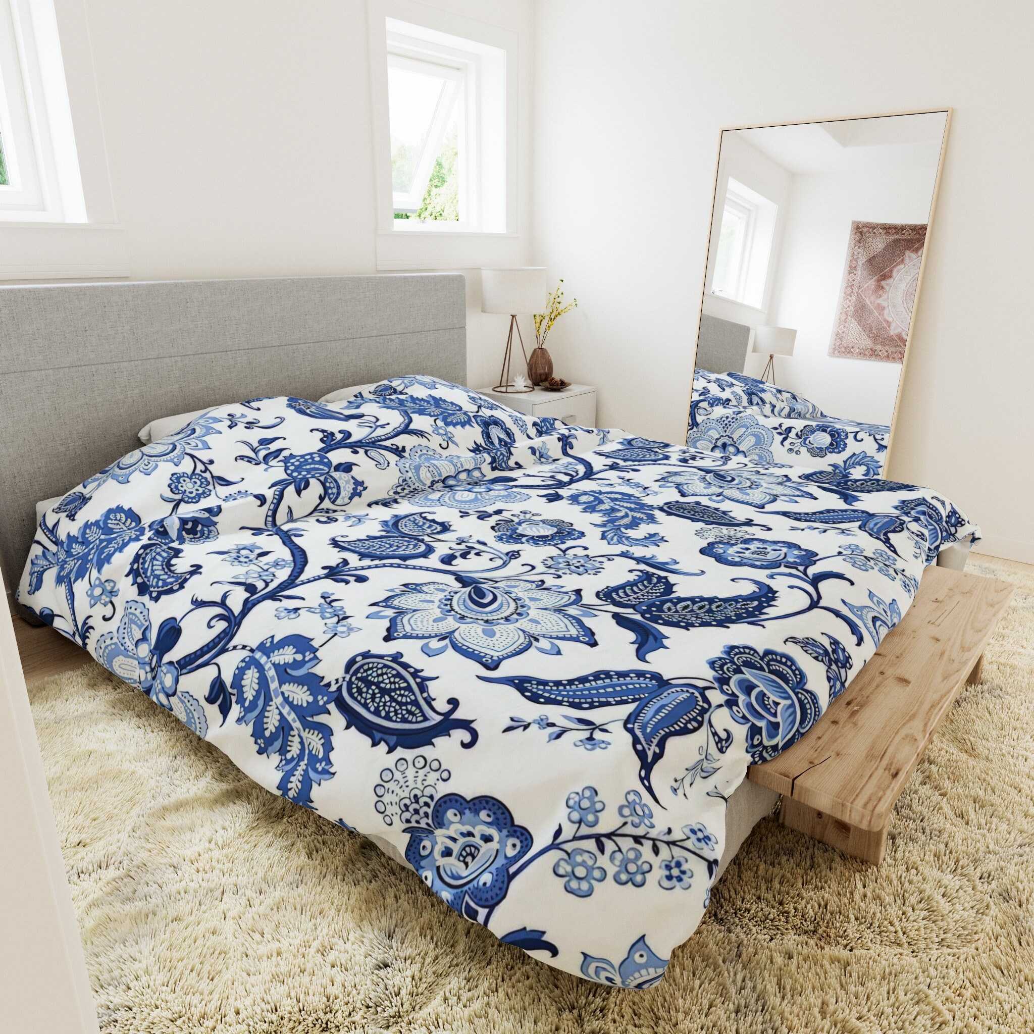 Blue and White Chinoiserie Jacobean Floral Microfiber Duvet Cover