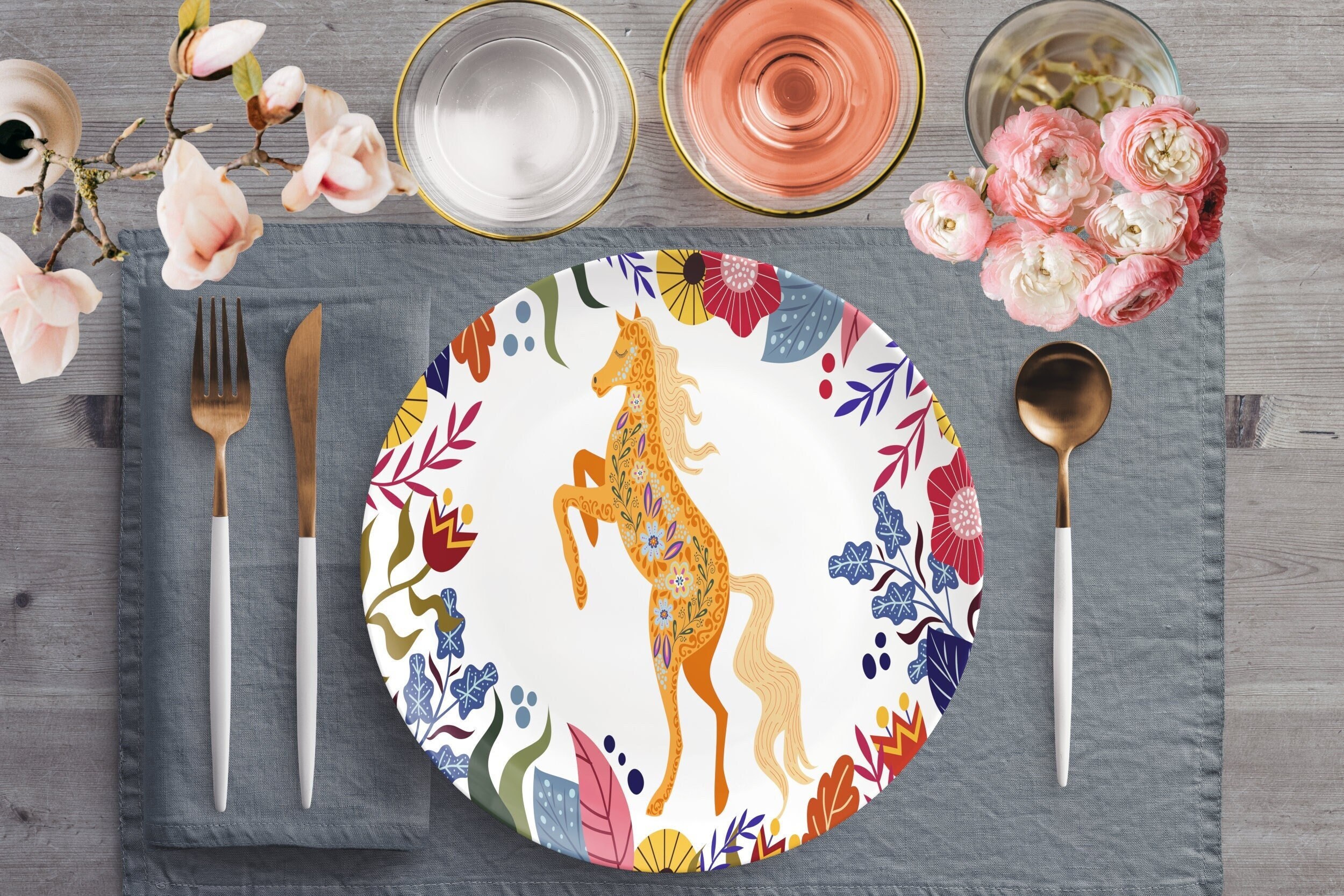 Horse in Summer Bloom Dinner Plates - Floral Equestrian Dishes with Colorful Flower Folk Art Horse Design