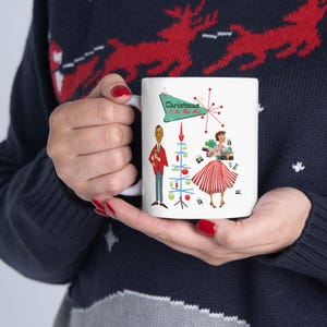 Retro Vintage 50s Kitsch Christmas Coffee Mug, Mid Century Modern Holiday Atomic Starburst Drinkware