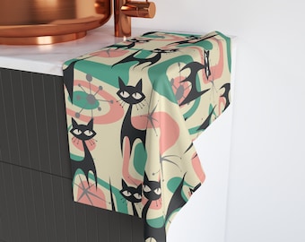 Atomic Cat Mid Century Modern Starburst Hand Towel, 60s Retro Geometric Pink, Mint, Gray MCM Bathroom Decor
