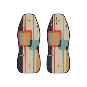 Mid Century Modern Retro Geometric Front Car Seat Cover, Set of 2, Teal Blue, Mustard Yellow, Cream MCM Starburst Car Seat Protector image 2