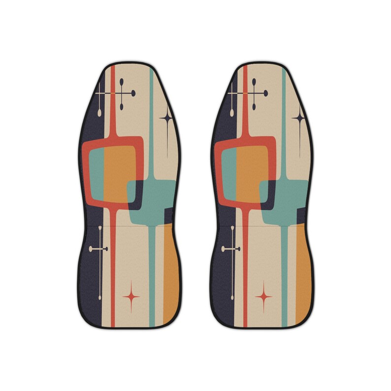 Mid Century Modern Retro Geometric Front Car Seat Cover, Set of 2, Teal Blue, Mustard Yellow, Cream MCM Starburst Car Seat Protector image 2