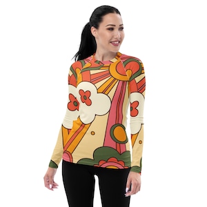 60s, 70s MCM Sunbeam Women&#39;s Rash Guard, Mid Century Modern Floral Surf Top