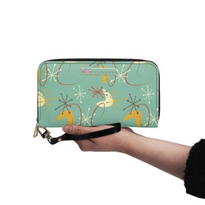 Mid Century Modern Atomic Starburst Wallet, 50s Retro MCM Zipper Clutch, Geometric Space Age Hand Strap Purse