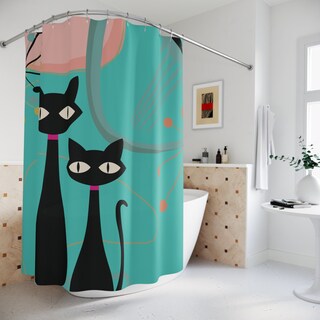 Tenda Doccia In Tessuto Con Gatto Nero E Motivi Retrò: Mid Century, 180x180cm, Con Ganci