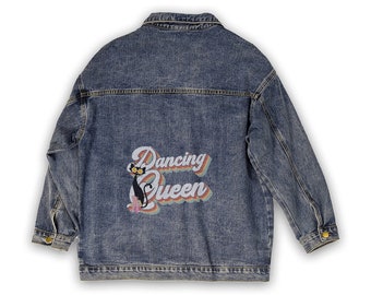 Retro 70s Atomic Cat Dancing Queen Oversized Denim Jacket, Vintage-Inspired Stylish Jean Wear For Women