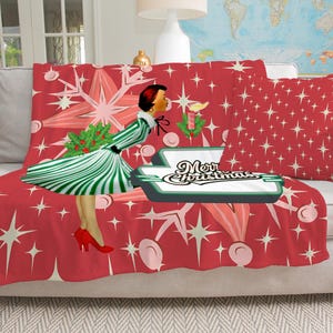 Mid Century Modern Weihnachtsdecke, Retro Vintage Kitsch Weihnachtskarte Kunst Urlaub Dekor, Atomic Starburst Decke