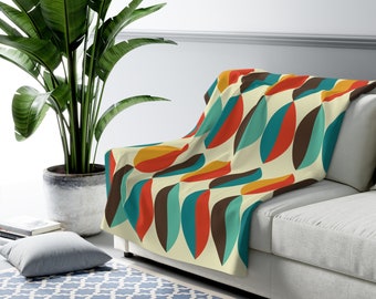 Mid Century Modern Groovy Retro Teal, Aqua, Orange, Mustard Yellow, Beige Sherpa Fleece Throw Blanket