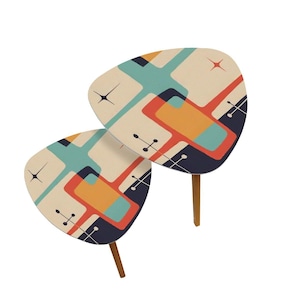 Retro Geometric Starburst Nesting Tables, Mid Century Modern 50s Atomic Abstract Side Tables, Vintage Accent Furniture