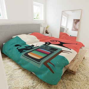 Atomic Cat Retro TV Duvet Cover, Vibrant MCM Bedding, Nostalgic 50s, Teal, Beige, Coral Bedroom Decor