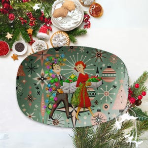 Assiette de Noël kitsch rétro des années 50, vaisselle de service moderne du milieu du siècle, assiette des fêtes en étoile atomique