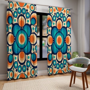 Blackout Groovy Hippie Retro Window Curtains, Psychedelic Orbs Mid Century Modern Curtain Panels, MCM Living Room Bedroom Window Decor Gifts