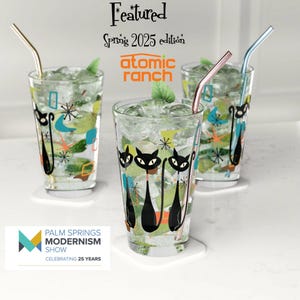 Atomic Kitschy Black Cat Pint Glass, 16oz Mid Century Modern Retro Beer Glass, MCM Beer Glassware Gifts, Party Drinkware, Cocktail Glass