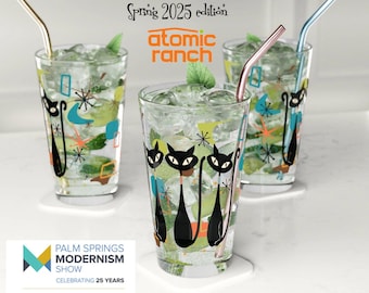 Atomic Kitschy Black Cat Pint Glass, 16oz Mid Century Modern Retro Beer Glass, MCM Beer Glassware Gifts, Party Drinkware, Cocktail Glass