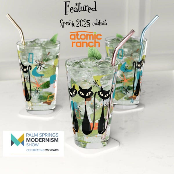 Atomic Kitschy Black Cat Pint Glass, 16oz Mid Century Modern Retro Beer Glass, MCM Beer Glassware Gifts, Party Drinkware, Cocktail Glass