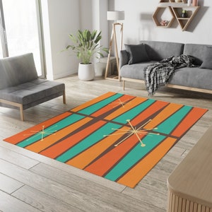 1950s Mid Century Modern Atomic Area Rug, Retro Vintage