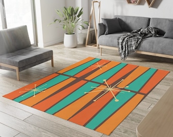 1950s Mid Century Modern Atomic Area Rug, Retro Vintage Burnt Orange, Teal, Beige, Mustard Yellow Geometric Abstract Accent Rug, MCM Rug