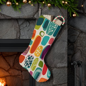 Mid Century Modern Amoeba Holiday Stockings, MCM Geometric Abstract Googie Christmas Mantle Decoration - KM13719723