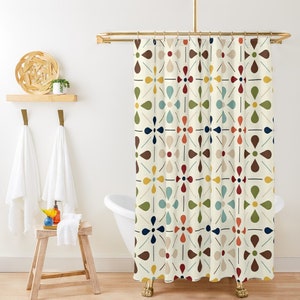 Mid Century Modern Retro Geometric Shower Curtain, 50s MCM Cream, Teal, Mustard, and Rust Bath Decor