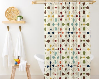 Mid Century Modern Retro Geometric Shower Curtain, 50s MCM Cream, Teal, Mustard, and Rust Bath Decor