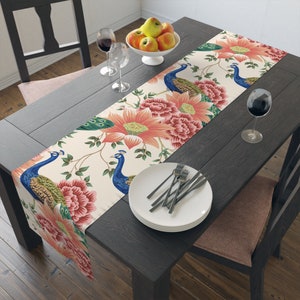 Chinoiserie Peacock Table Runner, Peach, Cream Floral, Elegant Dining Decor