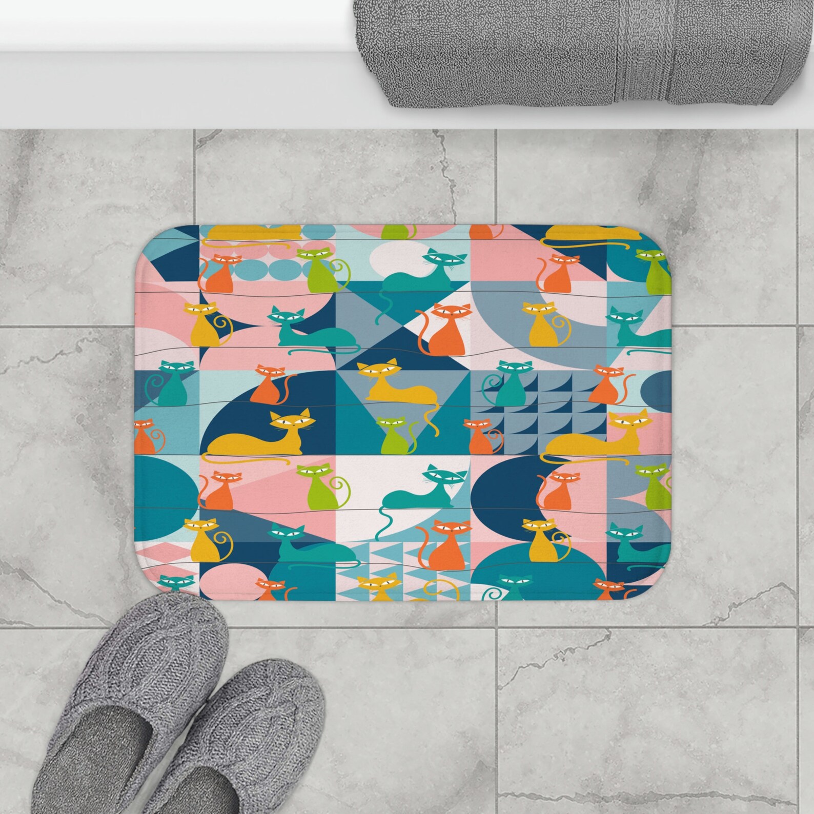 Mid Century Modern Atomic Kitties Bath Mat, Retro Kitsch Teal, Pink ...