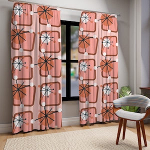 Window Curtains in Mid Century Modern Retro Starburst, Atomic Age Living Room, Bedroom, Sheer, Blackout Window Panels, MCM Home Decor