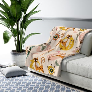 Atomic Kitschy Cat Sherpa Blanket, 50s Retro Vintage Style Diamond Starburst Living Room, Bedroom Decor
