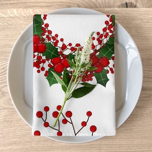 Christmas Napkins Set of 4, Holiday Table Linens, Mistletoes, Holly, Red Berries, Christmas Wreath Holiday Party Dining Table Decor, Gifts