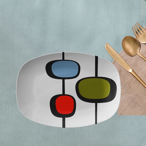 Retro Vintage 50s Mid Century Modern Abstract Serving Platter in Olive Green, Red, Blue