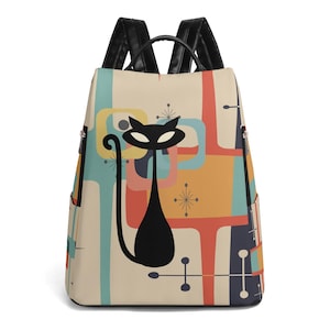 May include: A beige backpack with a black cat silhouette and colorful geometric patterns. The cat is in a retro style with a long tail and large eyes. The backpack has black straps and a zipper closure.