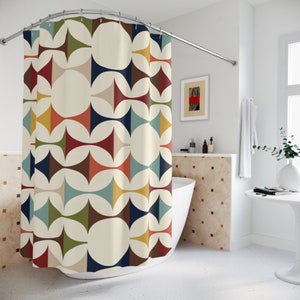 Mid Century Modern Geometric Shower Curtain, 60s Retro MCM Cream, Teal, Mustard, Rust Color Bath Decor