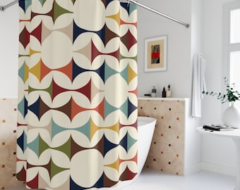 Mid Century Modern Geometric Shower Curtain, 60s Retro MCM Cream, Teal, Mustard, Rust Color Bath Decor