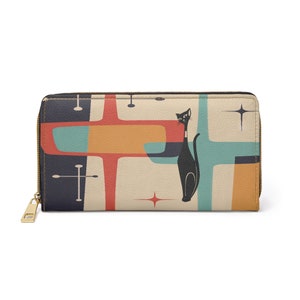 Cartera con cremallera de gato atómico moderno de mediados de siglo, embrague de diseño atómico retro, cartera de mujer de estilo vintage, bolso de patrón de gato abstracto